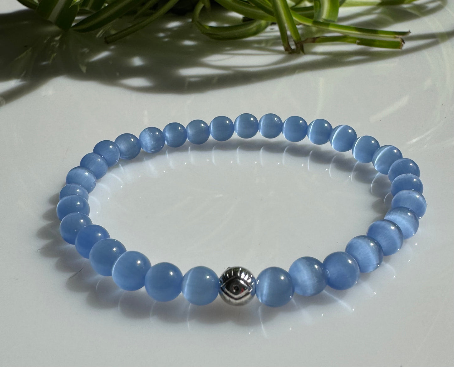 6mm Blue Selenite (Gypsum) Stretchy Bracelet with an Evil Eye Silver Bead. Gift for Her. Gift for Him.
