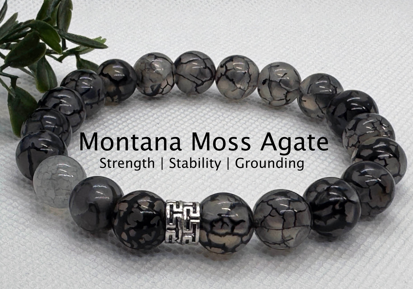 10mm Montana Moss Agate Beaded Stretch Bracelet with a Silver Spacer. Gift for Him. Gift for Her.