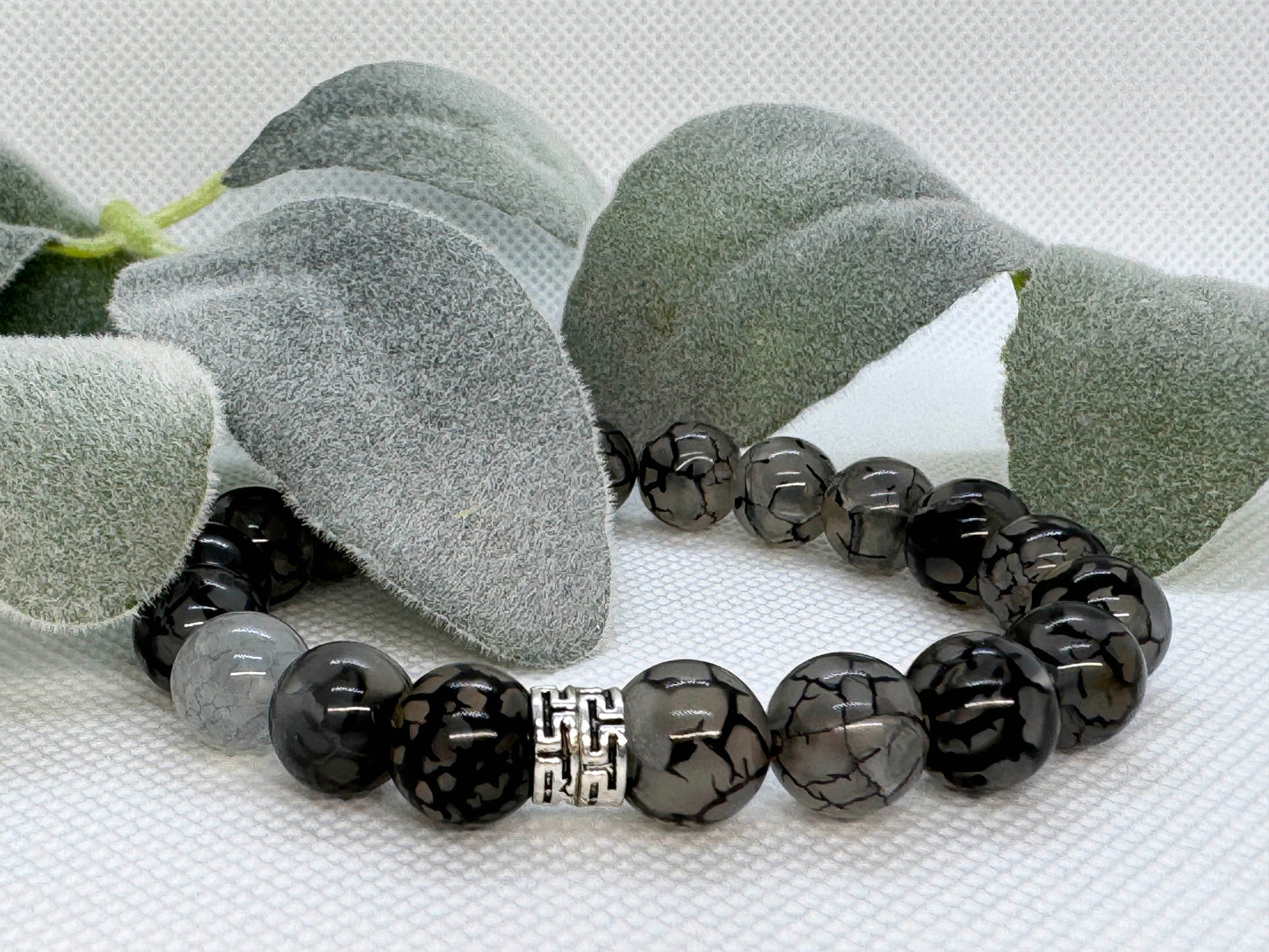 10mm Montana Moss Agate Beaded Stretch Bracelet with a Silver Spacer. Gift for Him. Gift for Her.