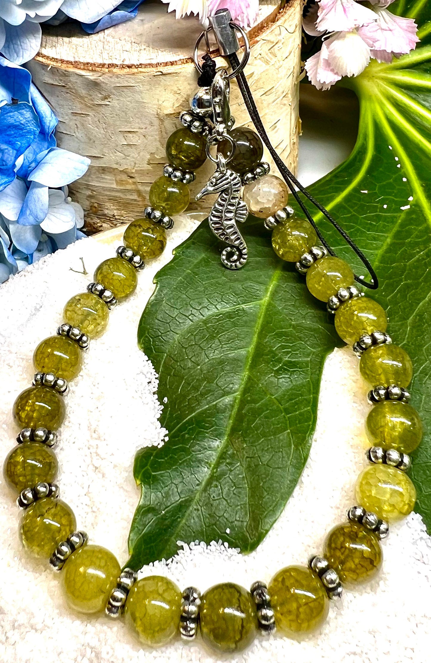 Green 8mm Crackle Quarts Gemstone Phone Charm.