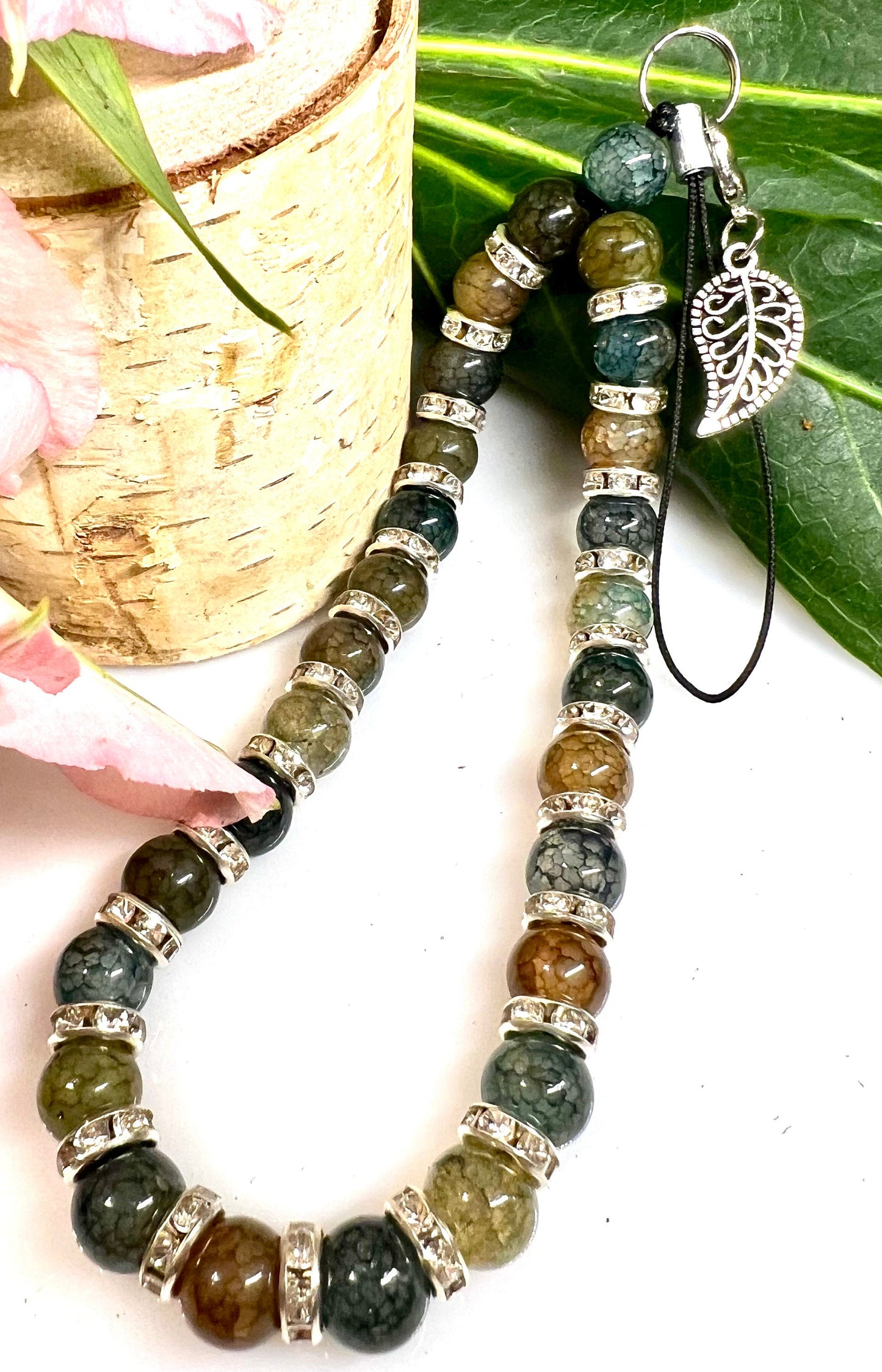 Moss Agate 8mm Gemstone with Silver Rondelle Spacer Phone Charm.