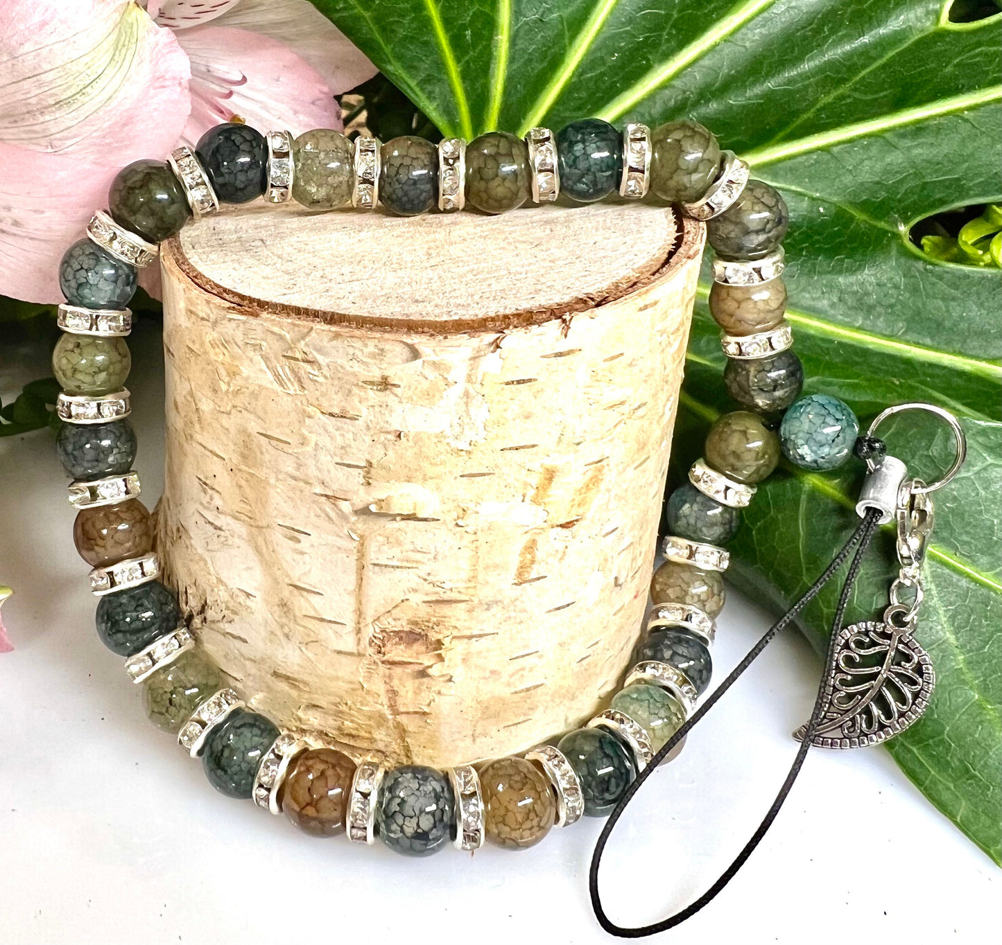 Moss Agate 8mm Gemstone with Silver Rondelle Spacer Phone Charm.