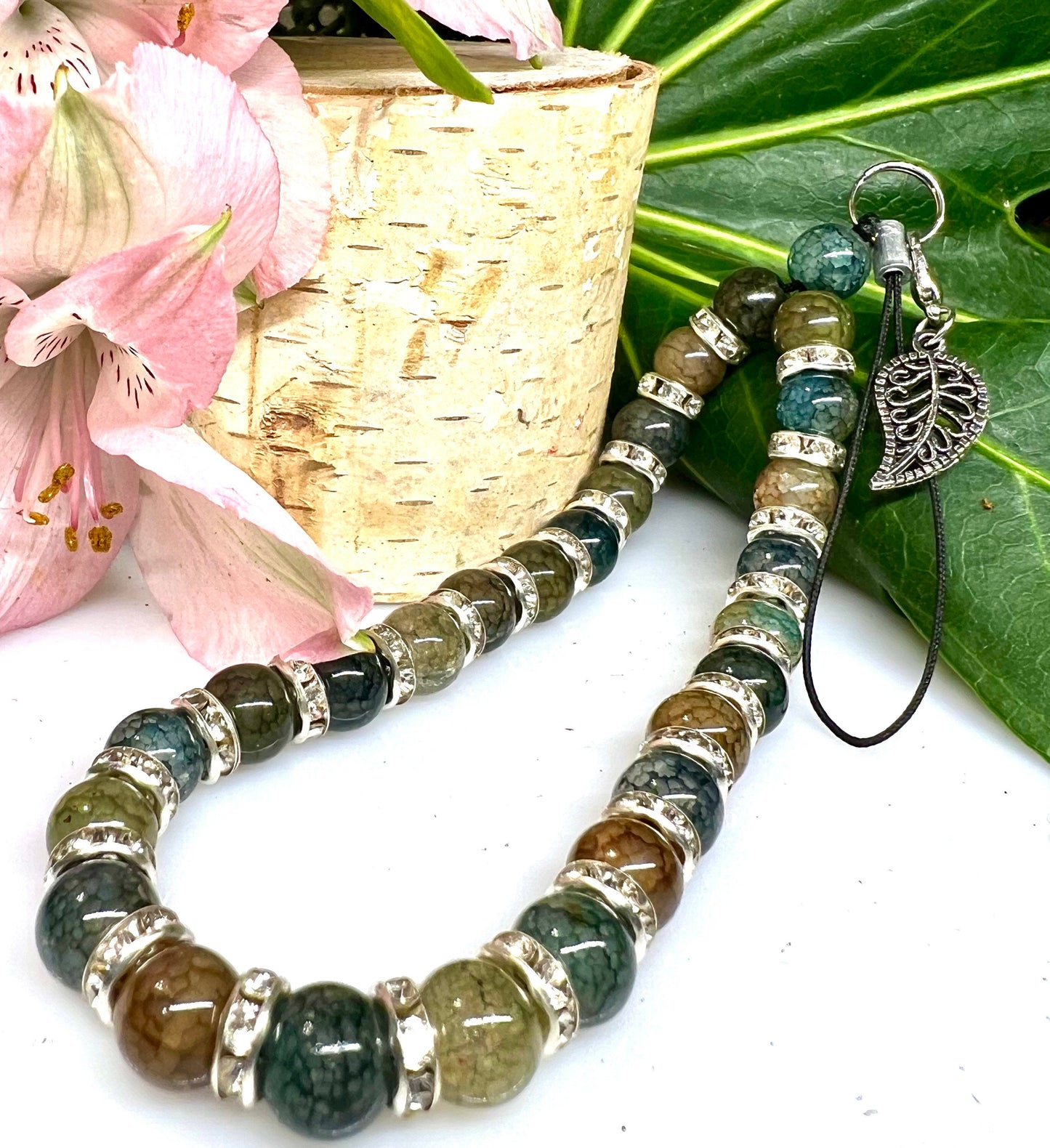Moss Agate 8mm Gemstone with Silver Rondelle Spacer Phone Charm.