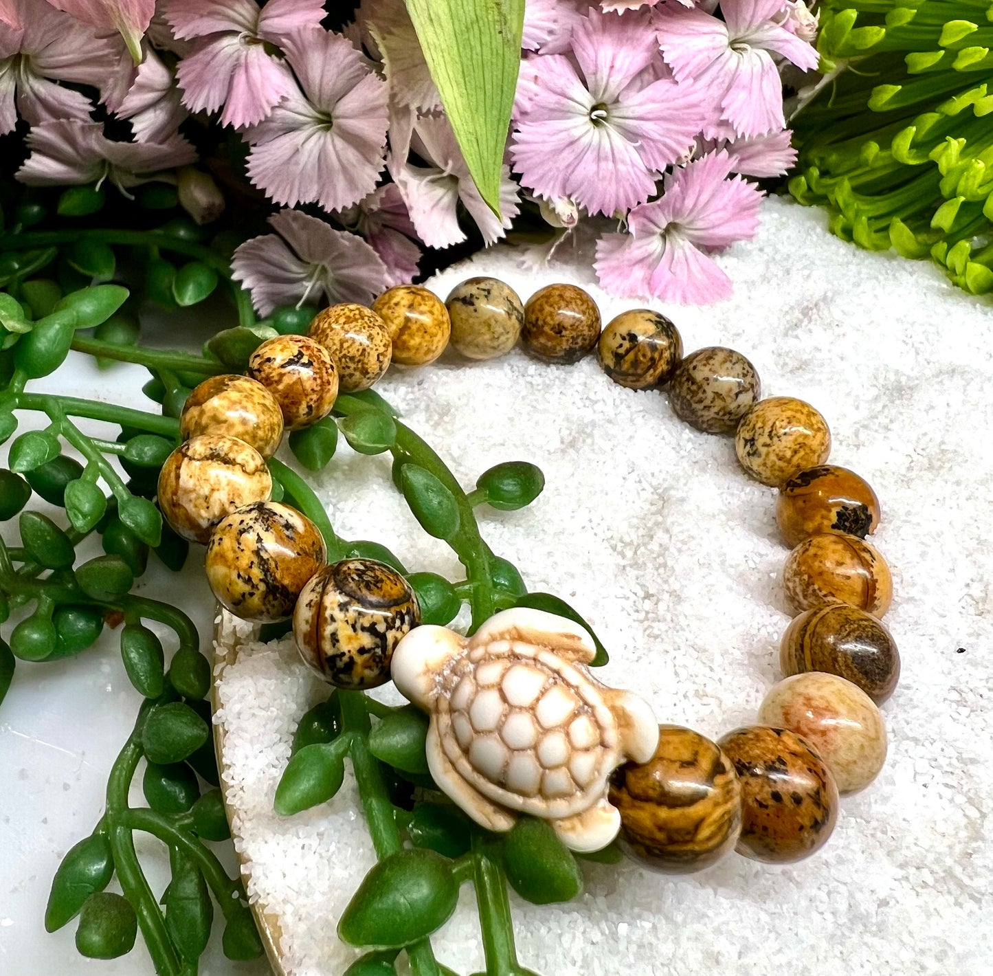 Picture Jasper 8mm bead stretchy bracelet with Beige Snakeskin Agate Turtle.