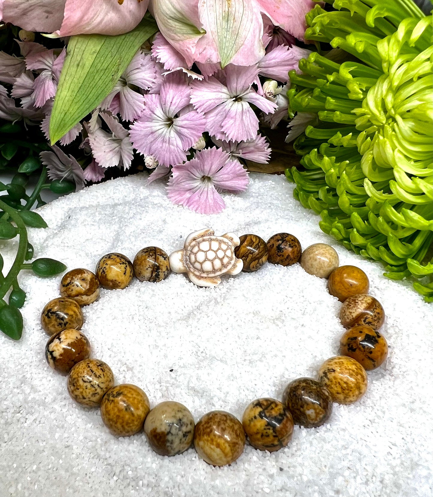 Picture Jasper 8mm bead stretchy bracelet with Beige Snakeskin Agate Turtle.