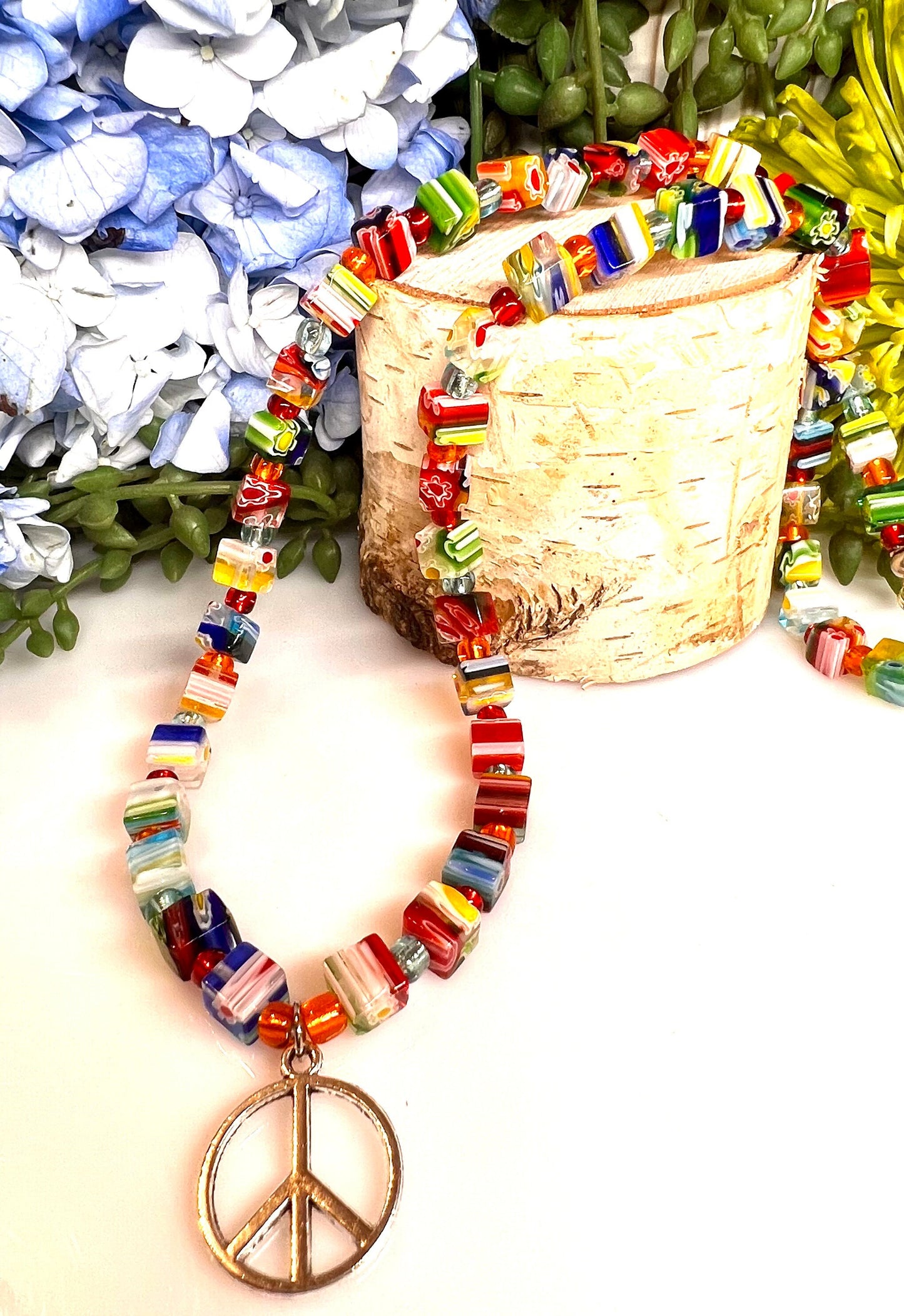 Multicolor Square Glass Beaded Necklace - Multicolor 10" Square and E-Beads Glass Beaded Necklace with a peace sign pendant.