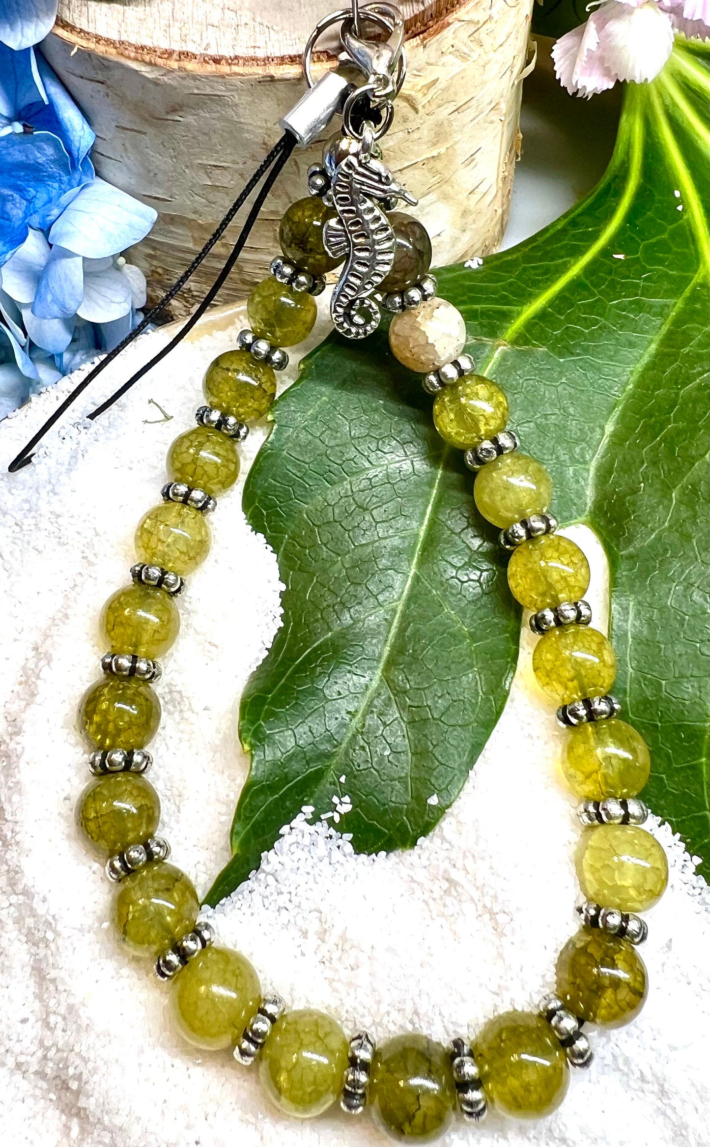 Green 8mm Crackle Quarts Gemstone Phone Charm.