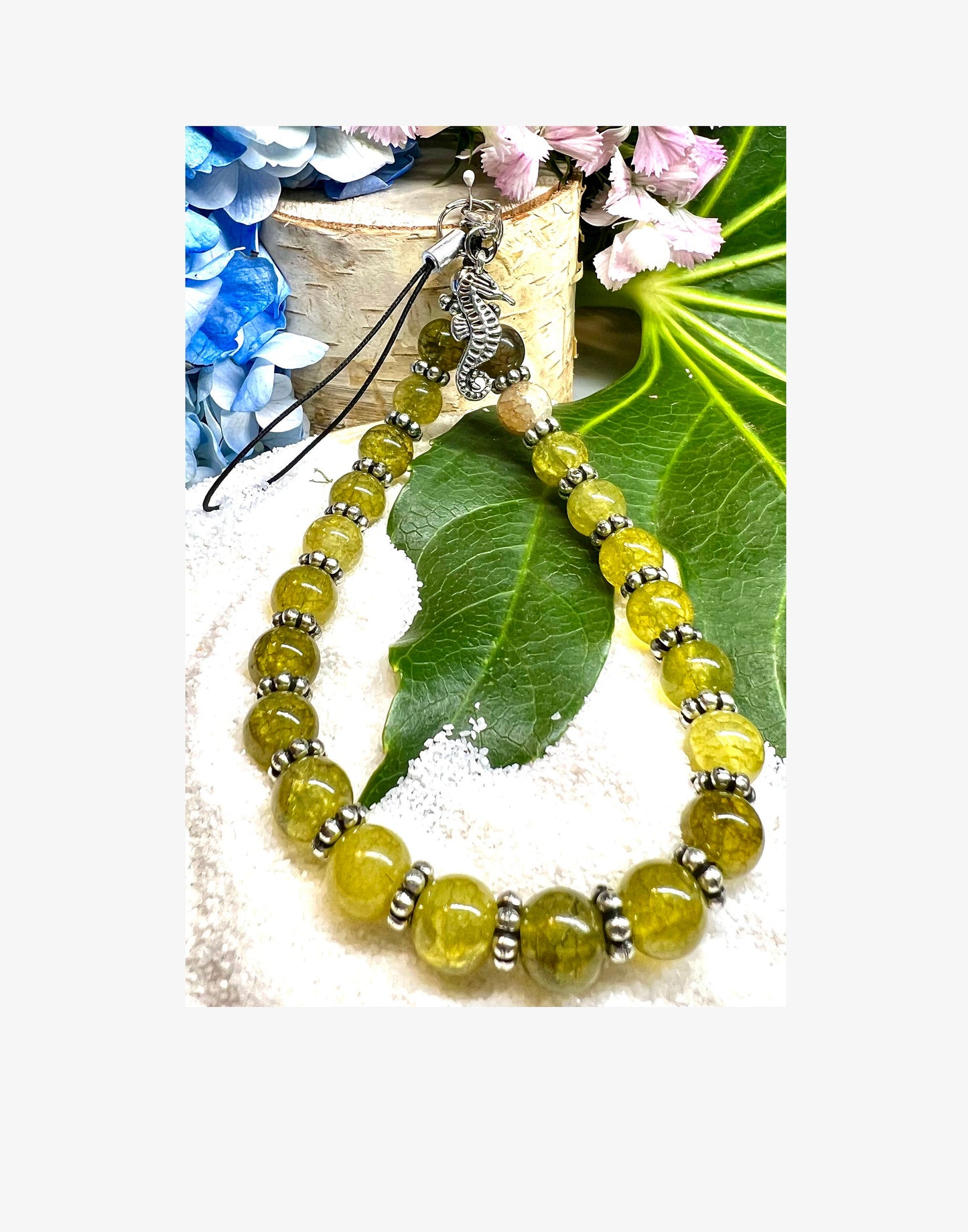 Green 8mm Crackle Quarts Gemstone Phone Charm.