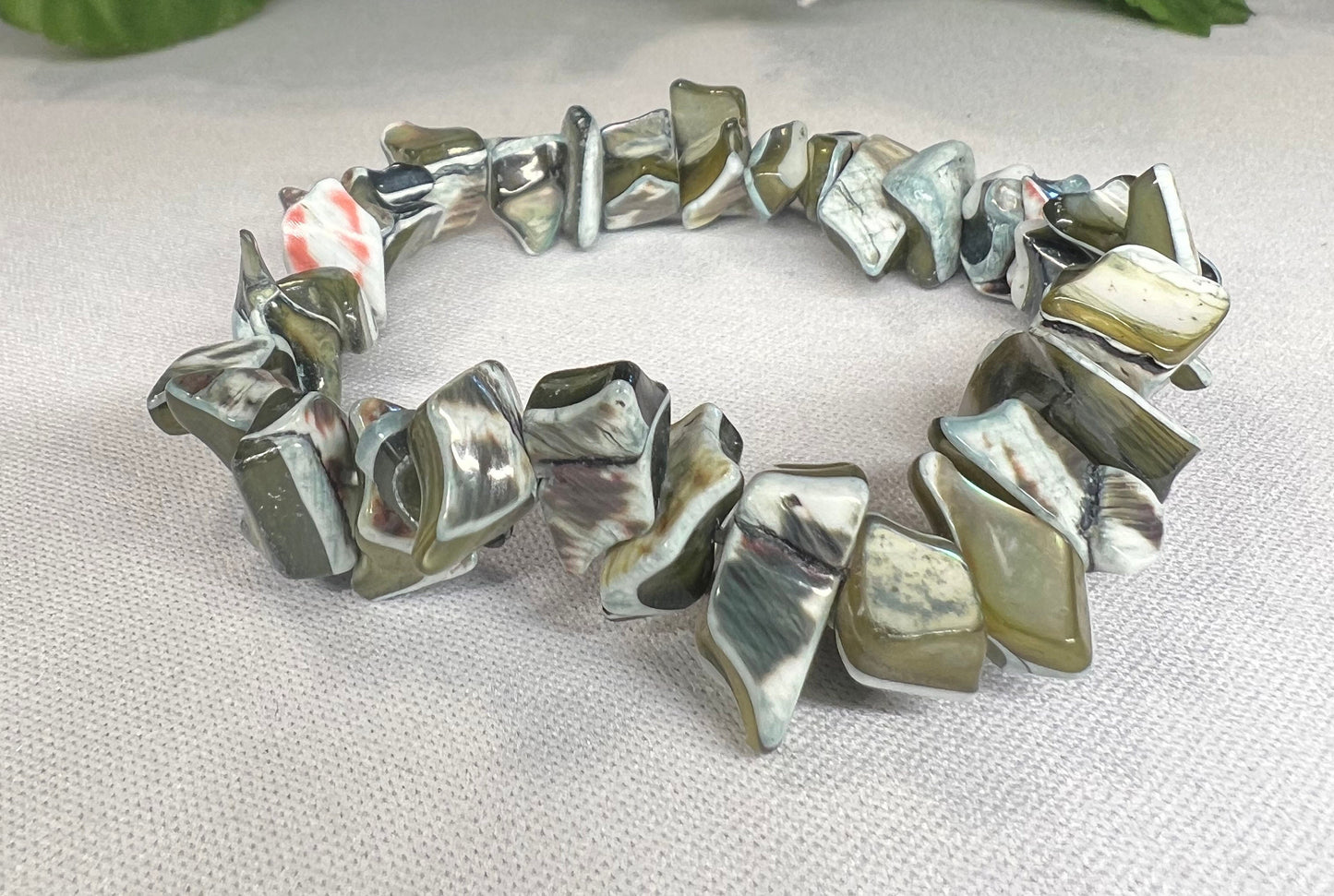 Green Dyed River Shell Chips stretchy bracelet.