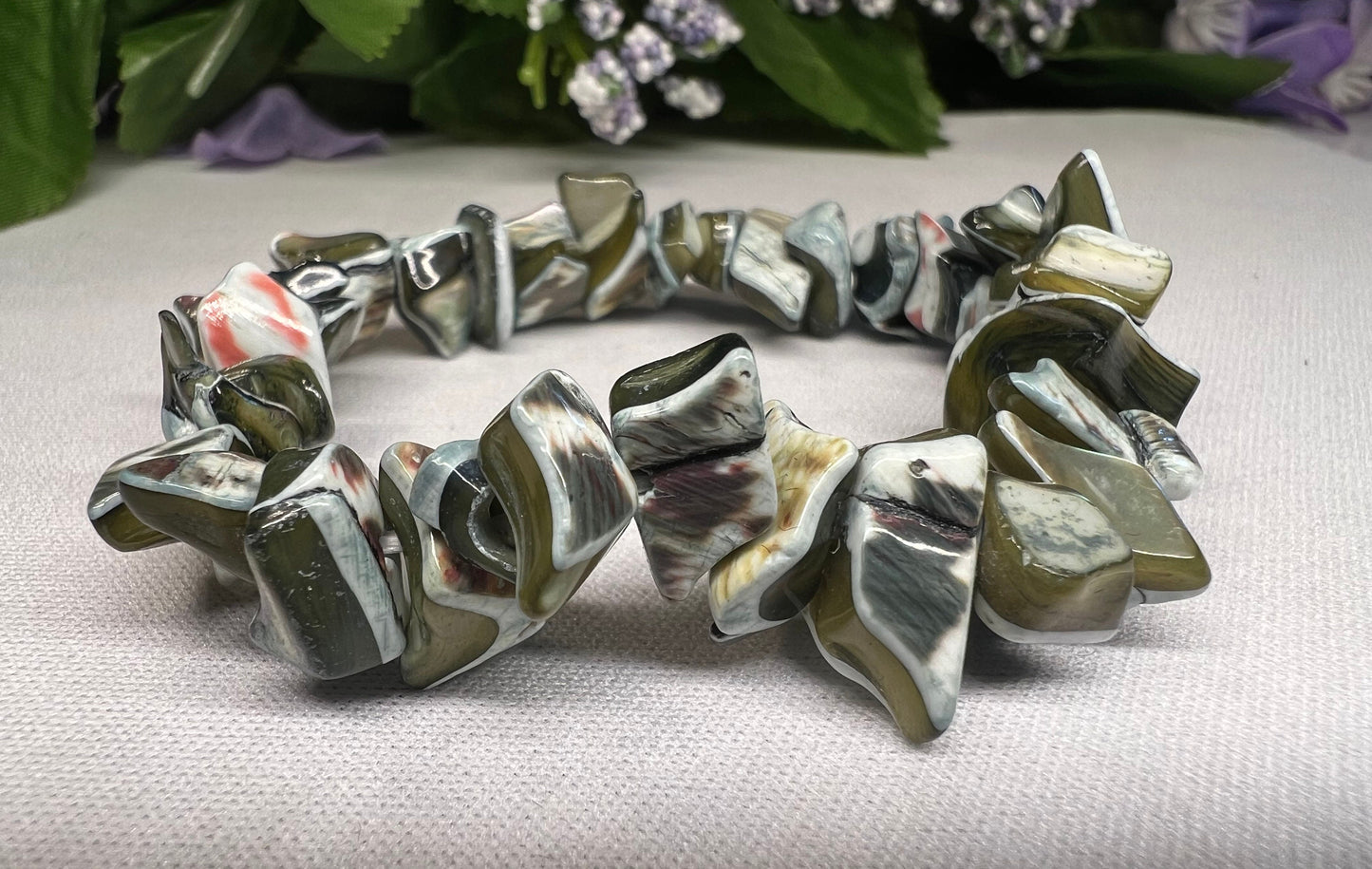 Green Dyed River Shell Chips stretchy bracelet.