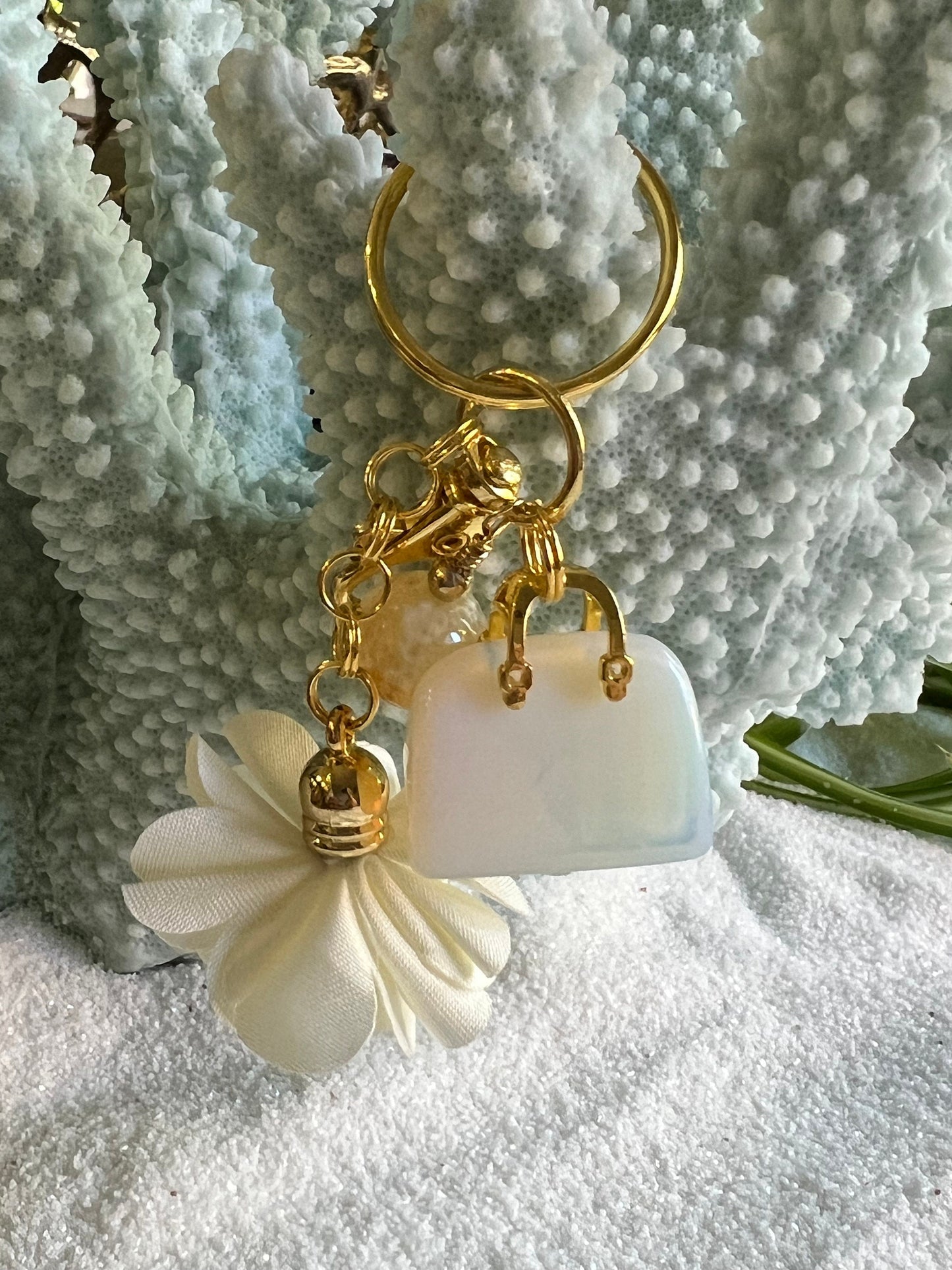 Mini Purse gemstone Keychain with gemstone bead charm and flower.