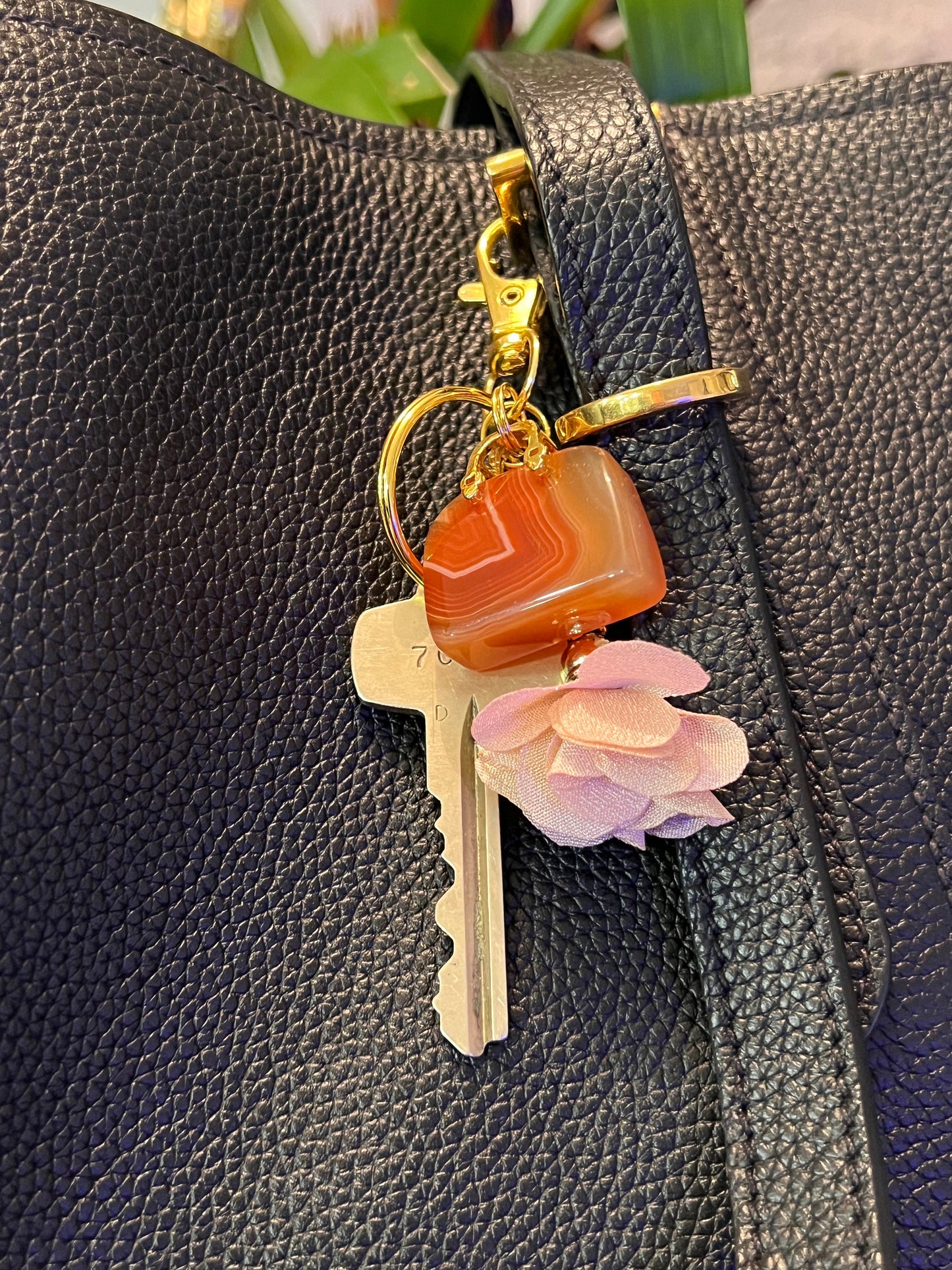 Mini Purse gemstone Keychain with gemstone bead charm and flower.