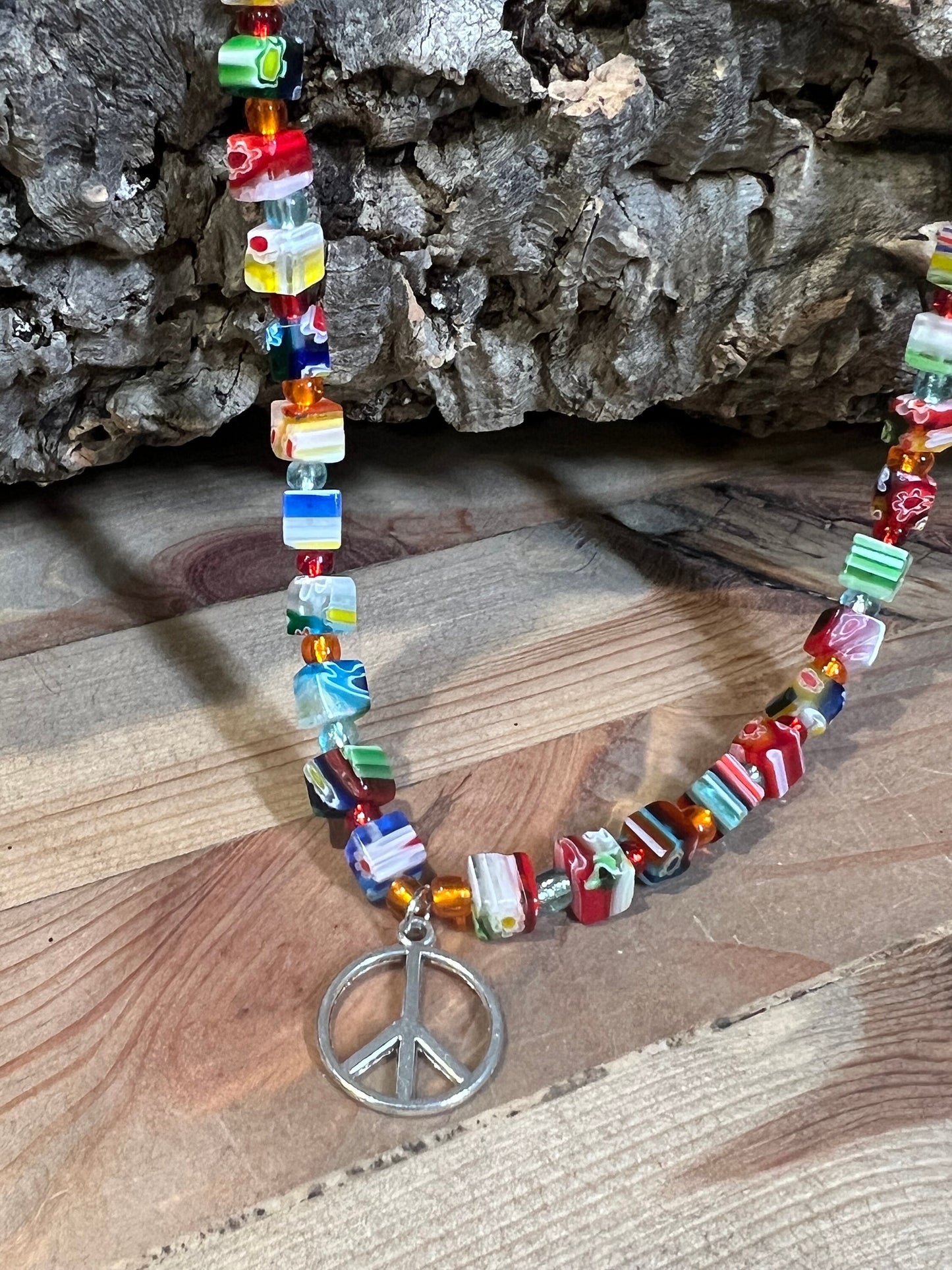 Multicolor Square Glass Beaded Necklace - Multicolor 10" Square and E-Beads Glass Beaded Necklace with a peace sign pendant.