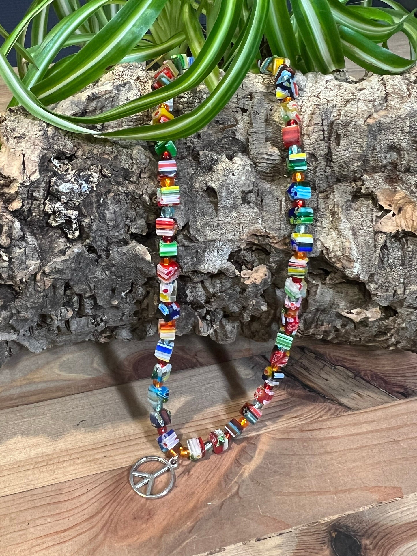 Multicolor Square Glass Beaded Necklace - Multicolor 10" Square and E-Beads Glass Beaded Necklace with a peace sign pendant.