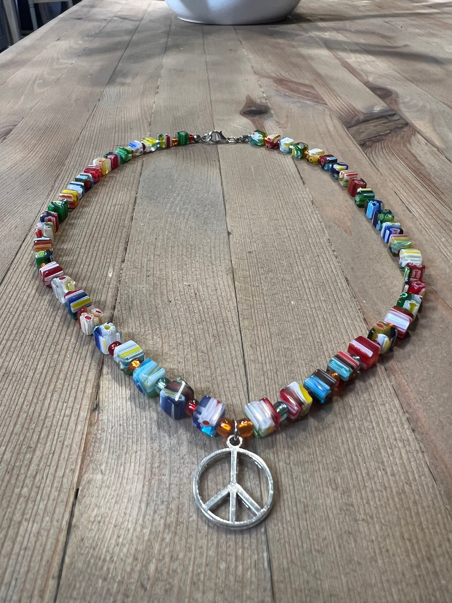 Multicolor Square Glass Beaded Necklace - Multicolor 10" Square and E-Beads Glass Beaded Necklace with a peace sign pendant.