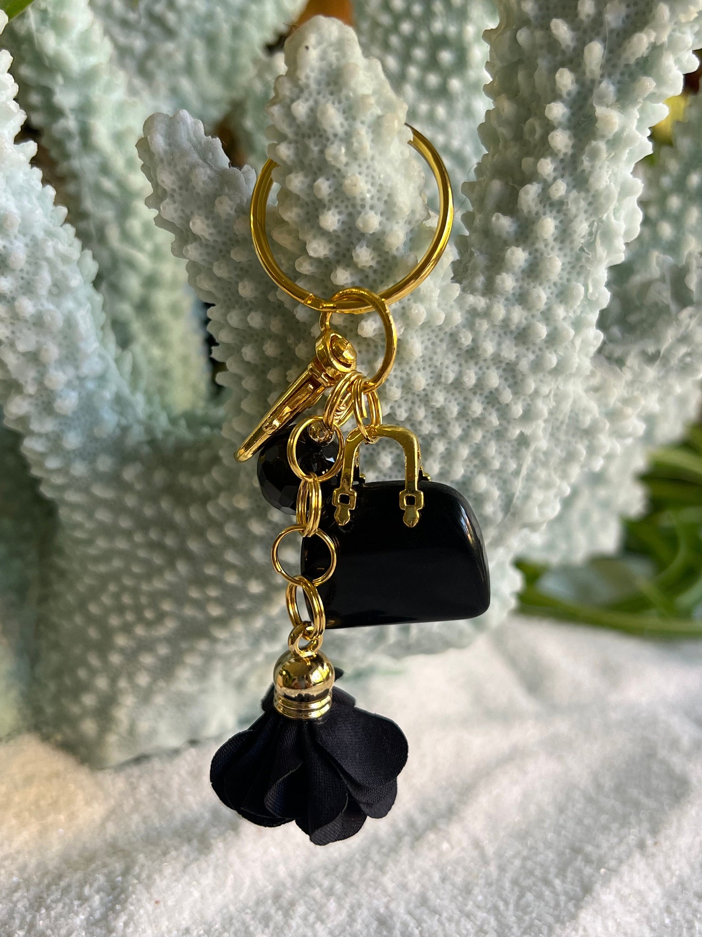 Mini Purse gemstone Keychain with gemstone bead charm and flower.