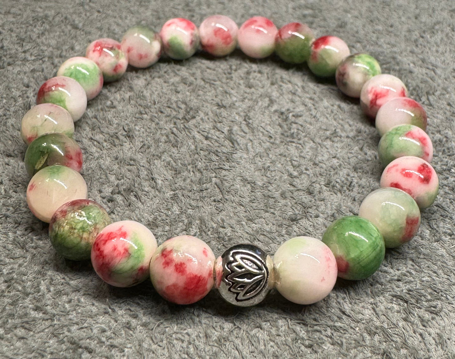 8mm Pink and Green Rain Flower Jade Gemstone Stretchy Bracelet with a Lotus Silver Bead.