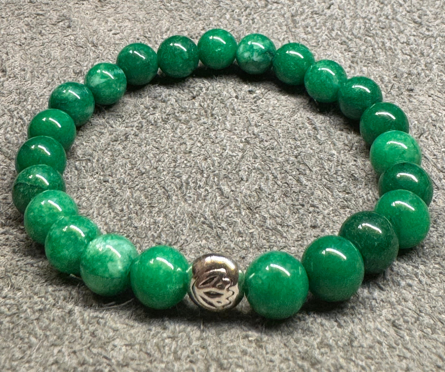 Green Onyx 8mm Gemstone Stretchy Bracelet with a Lotus Silver Bead.