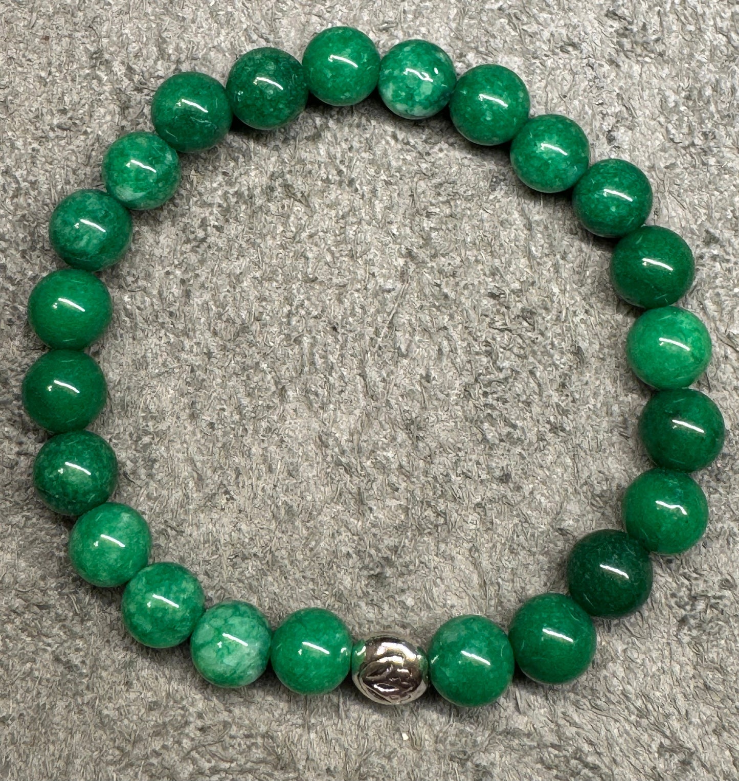 Green Onyx 8mm Gemstone Stretchy Bracelet with a Lotus Silver Bead.