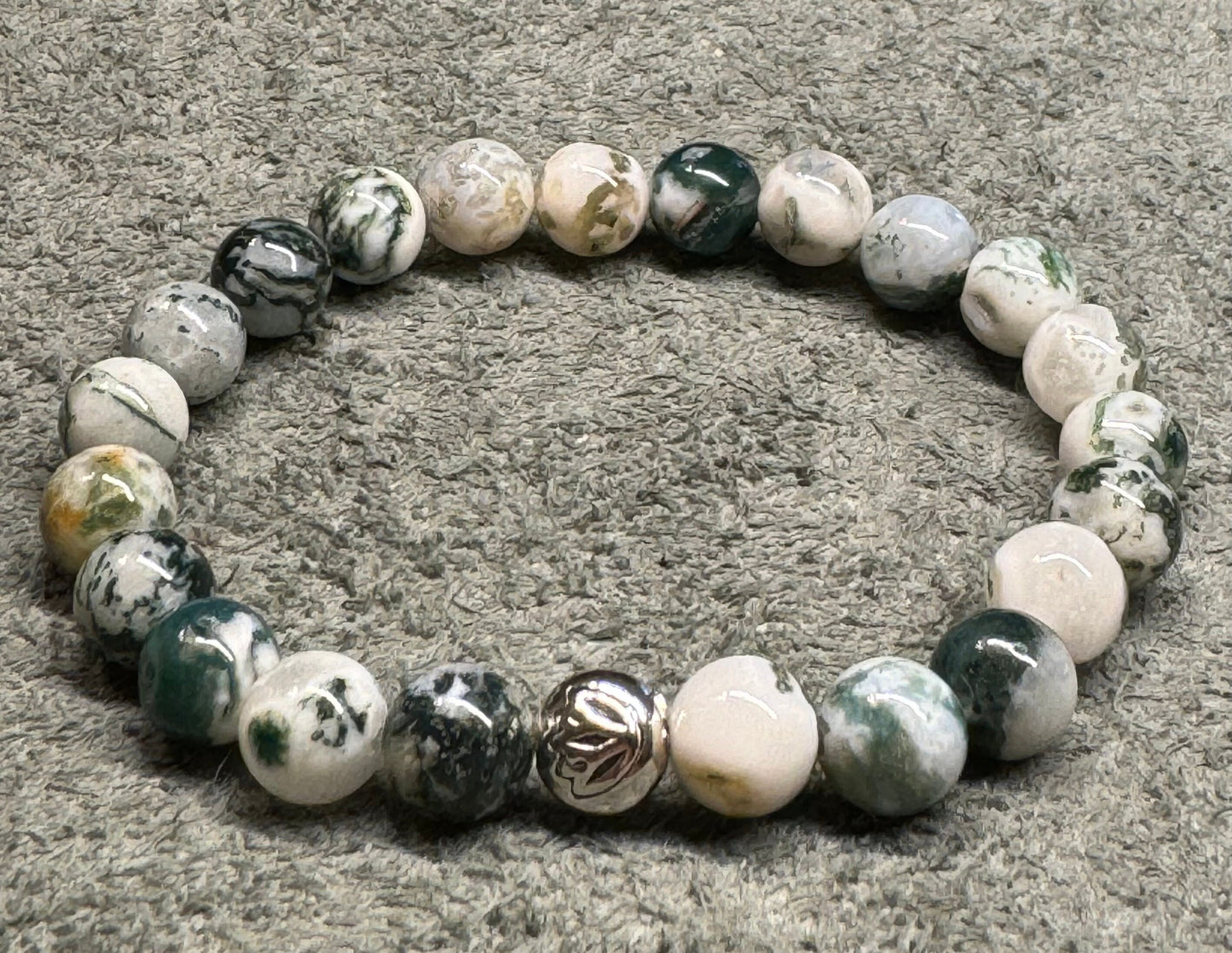 8mm Tree Agate Beaded Stretch Bracelet with a Lotus Silver Bead.