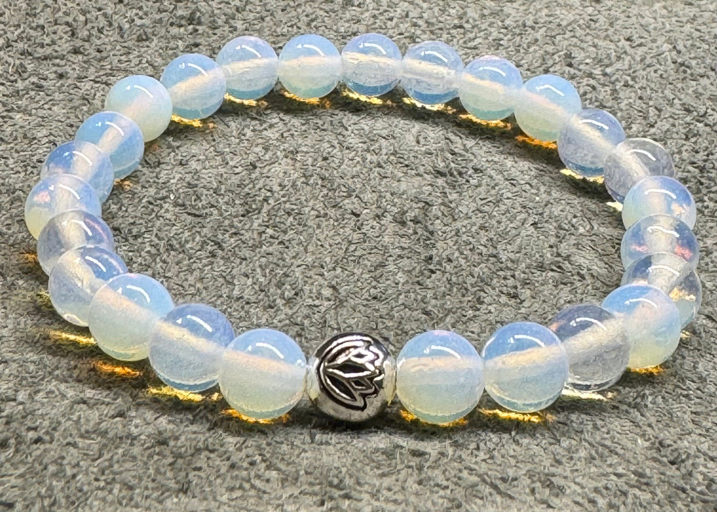 8mm Sea Opal Opalite Beaded Stretch Bracelet with a Lotus Silver Bead.