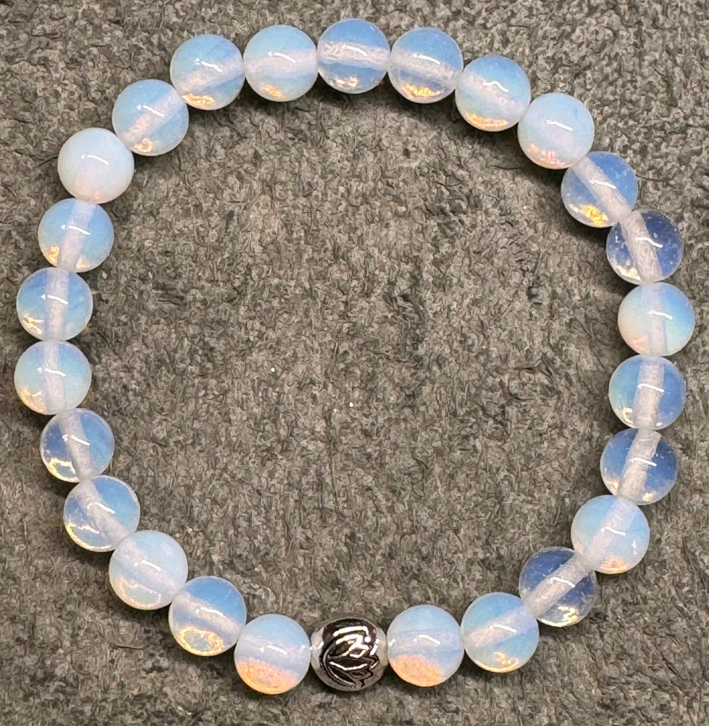 8mm Sea Opal Opalite Beaded Stretch Bracelet with a Lotus Silver Bead.