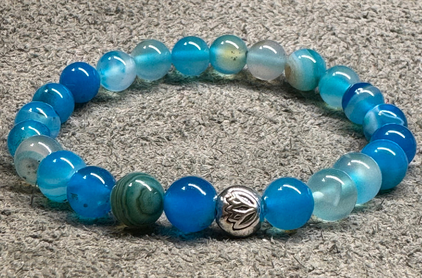 8mm Teal Dragon Vein Agate Beaded Stretch Bracelet with a Lotus Silver Bead.
