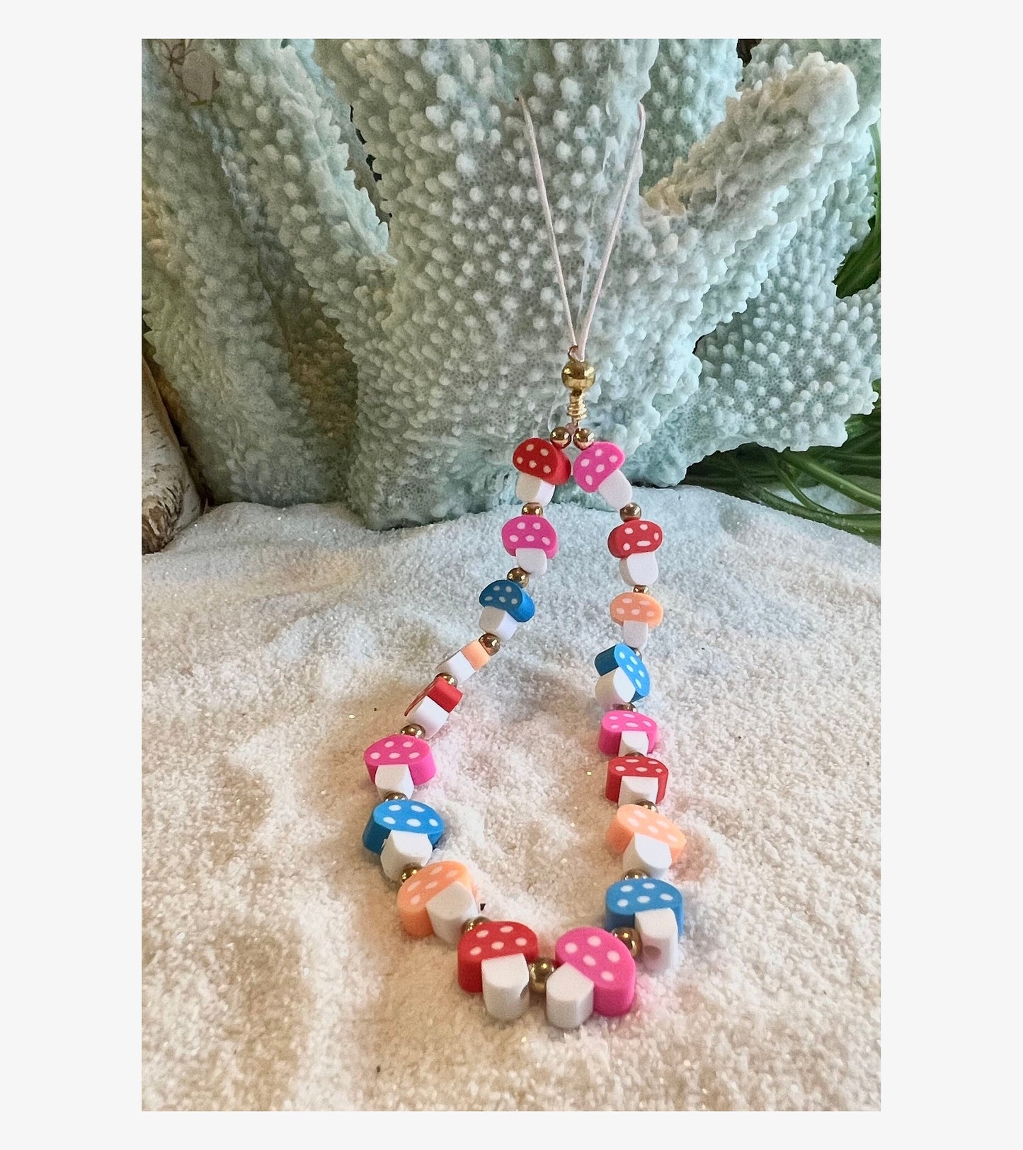 Clay Mushroom charm with gold beads spacer Phone Charm.