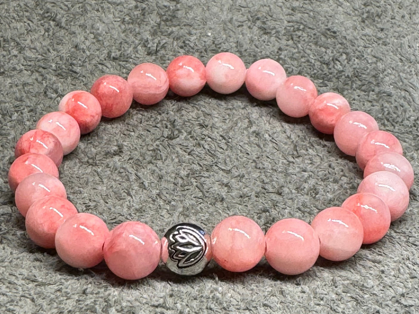 8mm Pink Opal Gemstone Stretchy Bracelet with a Lotus Silver Bead.