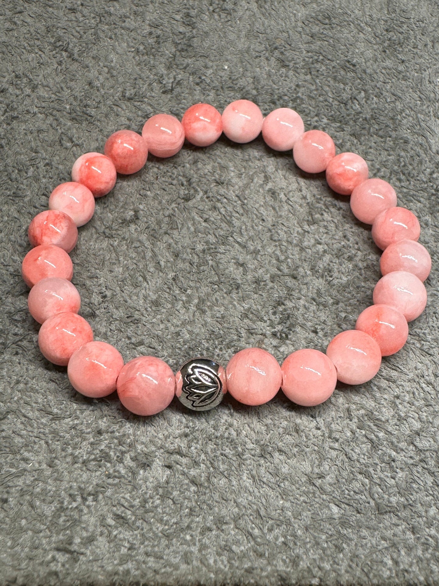 8mm Pink Opal Gemstone Stretchy Bracelet with a Lotus Silver Bead.