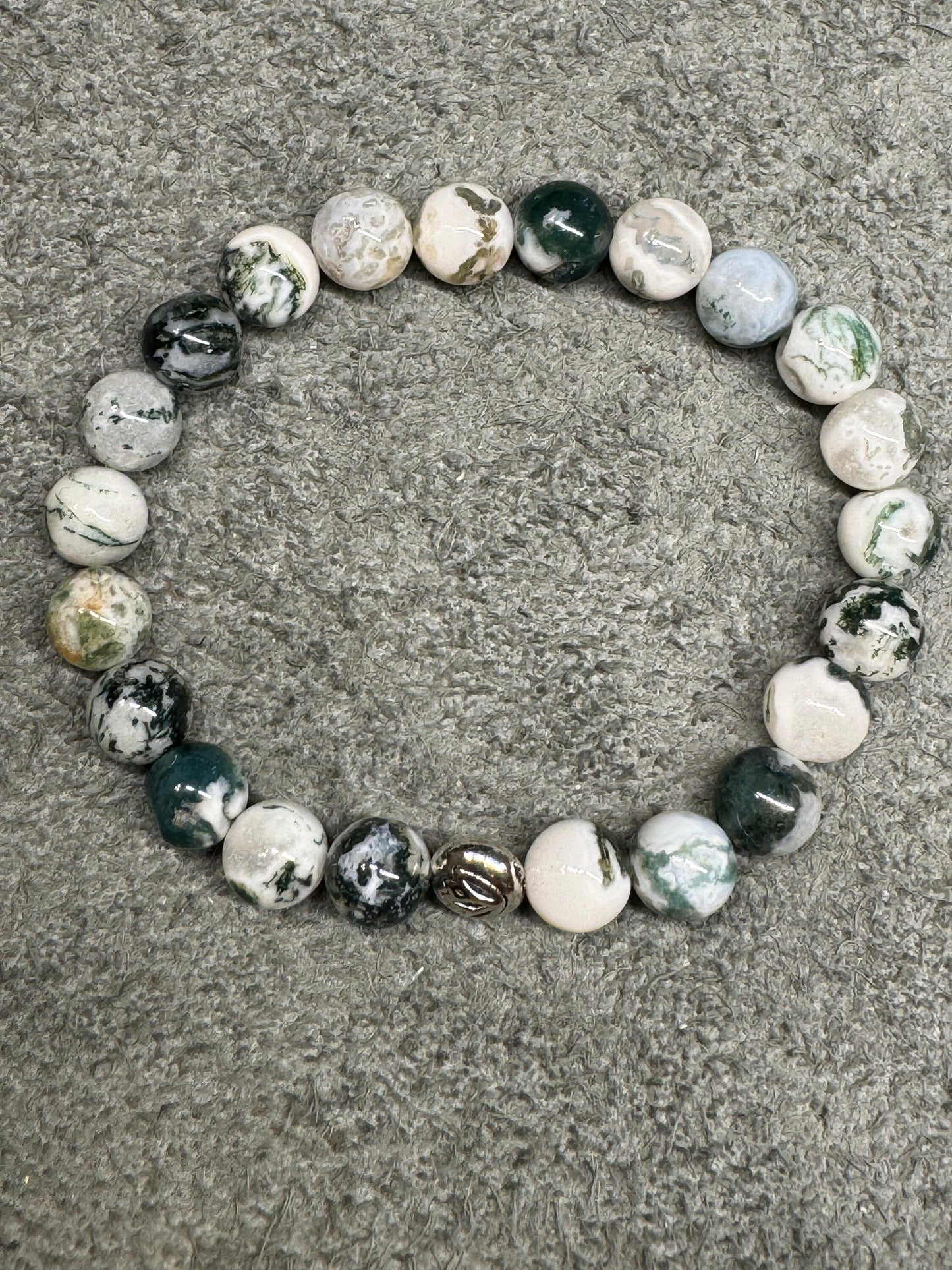 8mm Tree Agate Beaded Stretch Bracelet with a Lotus Silver Bead.