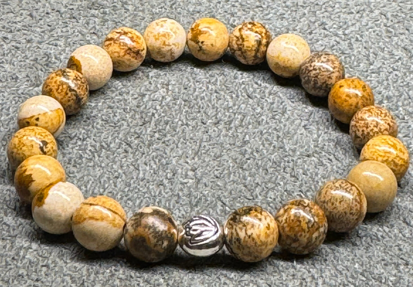 8mm Picture Jasper Beaded Stretch Bracelet with a Lotus Silver Bead.