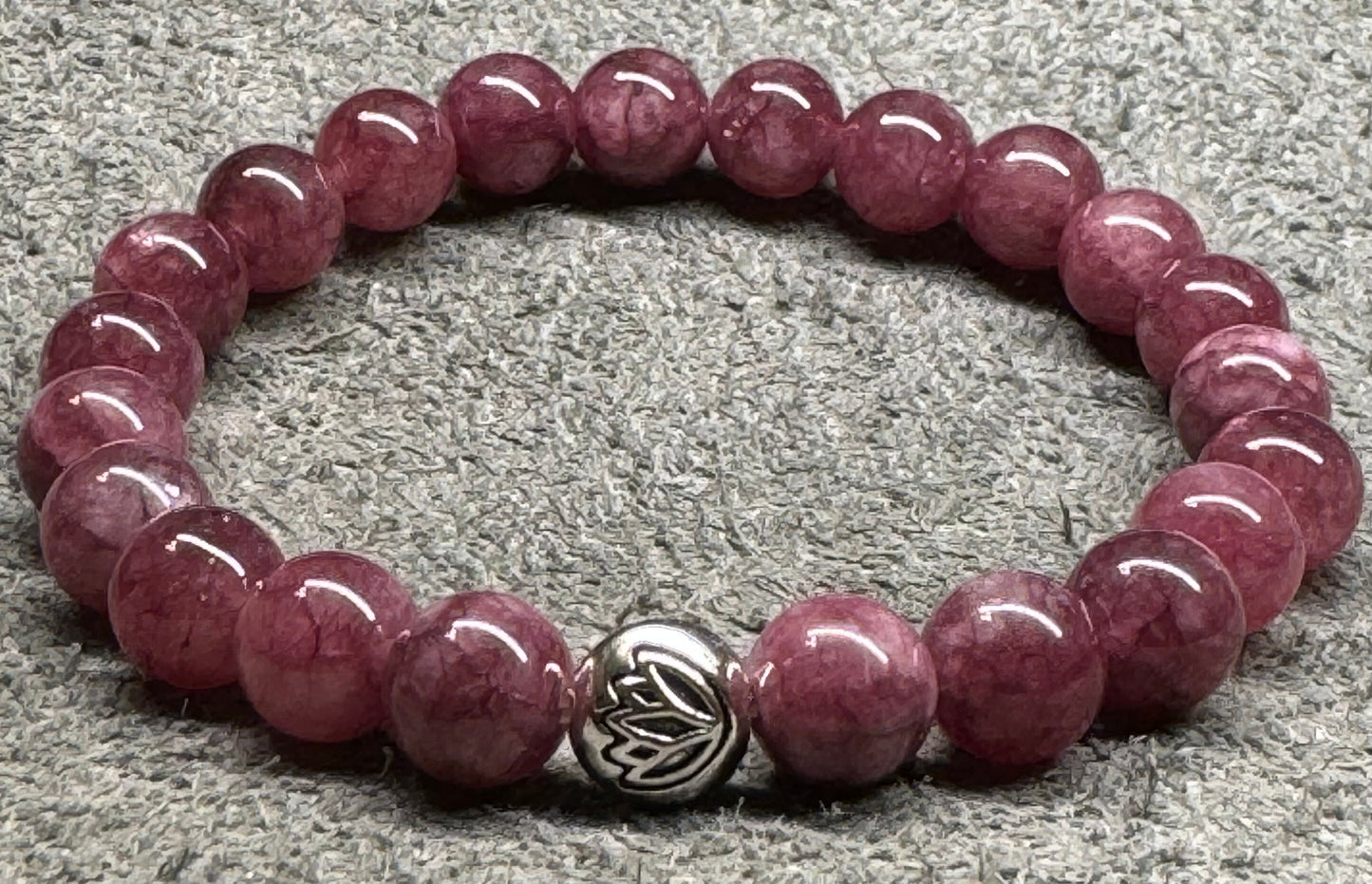 8mm Lepidolite Beaded Stretch Bracelet with a Lotus Silver Bead.