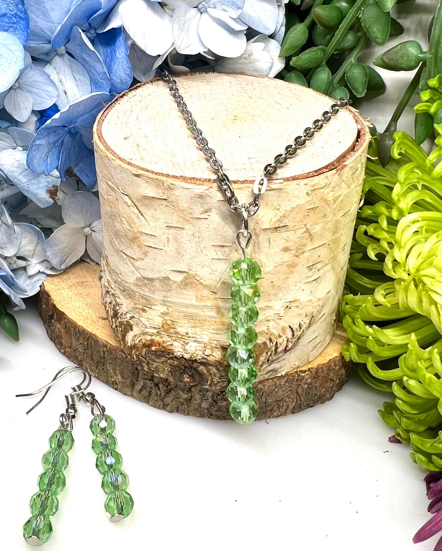 Green Czech Glass beads Beaded Necklace and Earrings - Green Czech Glass beads 19 1/2" Beaded Necklace and Earrings.