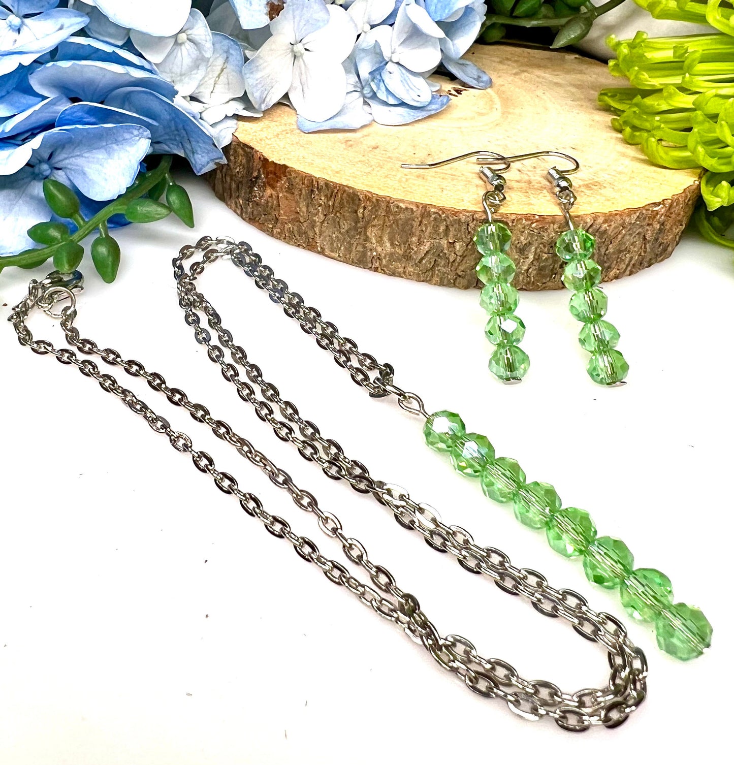 Green Czech Glass beads Beaded Necklace and Earrings - Green Czech Glass beads 19 1/2" Beaded Necklace and Earrings.
