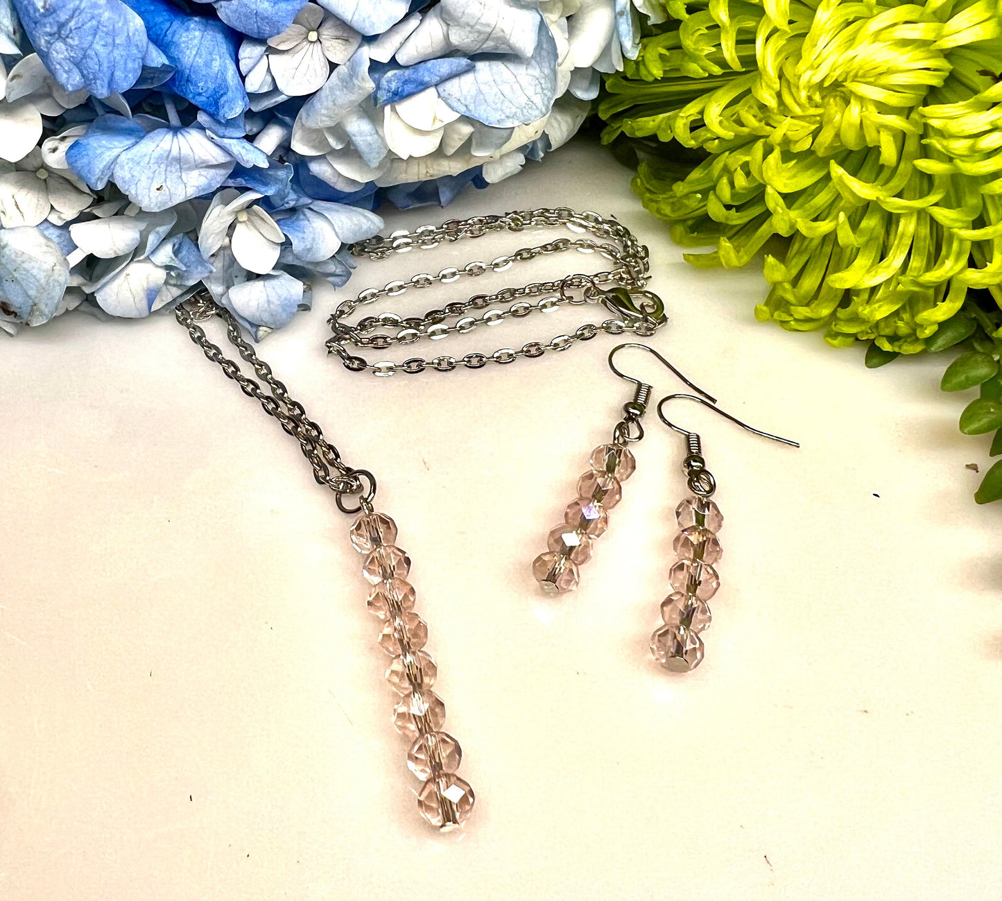 Pink Czech Glass beads Beaded Necklace and Earrings - Pink Czech Glass beads 19 1/2" Beaded Necklace and Earrings.