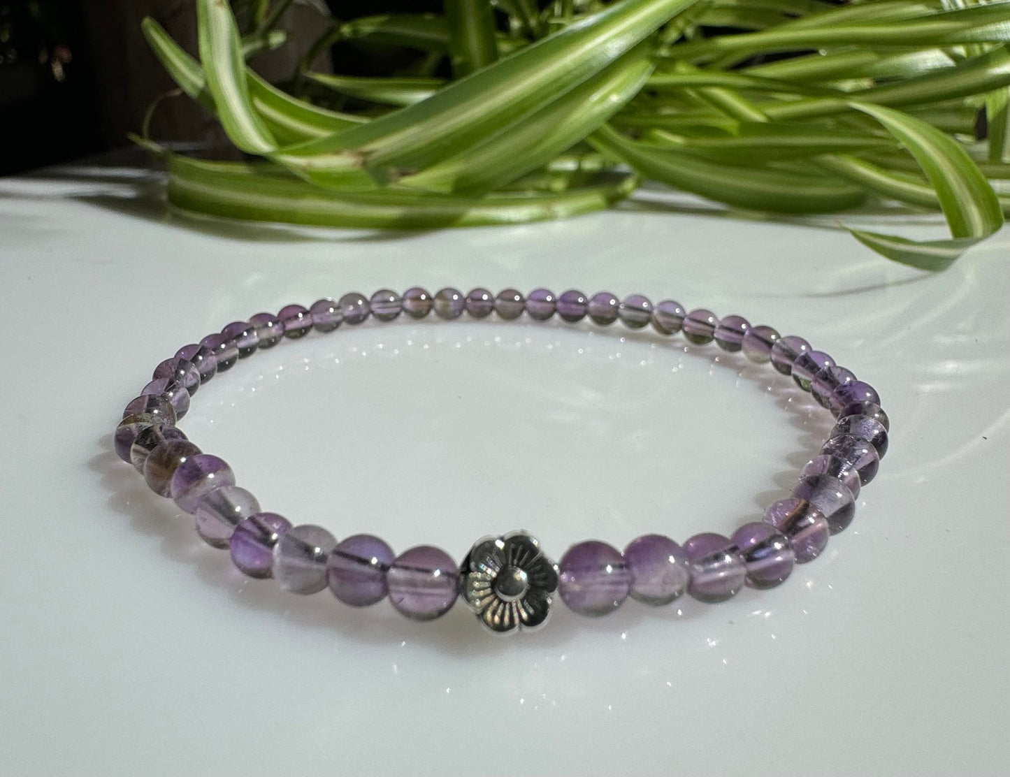 4mm Amethyst Gemstone Beaded Stretch Bracelet with a Flower Silver Bead. January Birthstone. Gift for her. Minimalistic Jewelry. Personalized Size