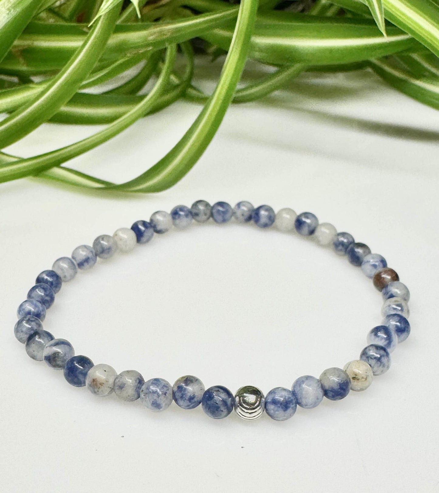 4mm Sodalite Beaded Stretchy Bracelet with a Silver Bead. Gift for Him. Gift for her. Personalized Size.