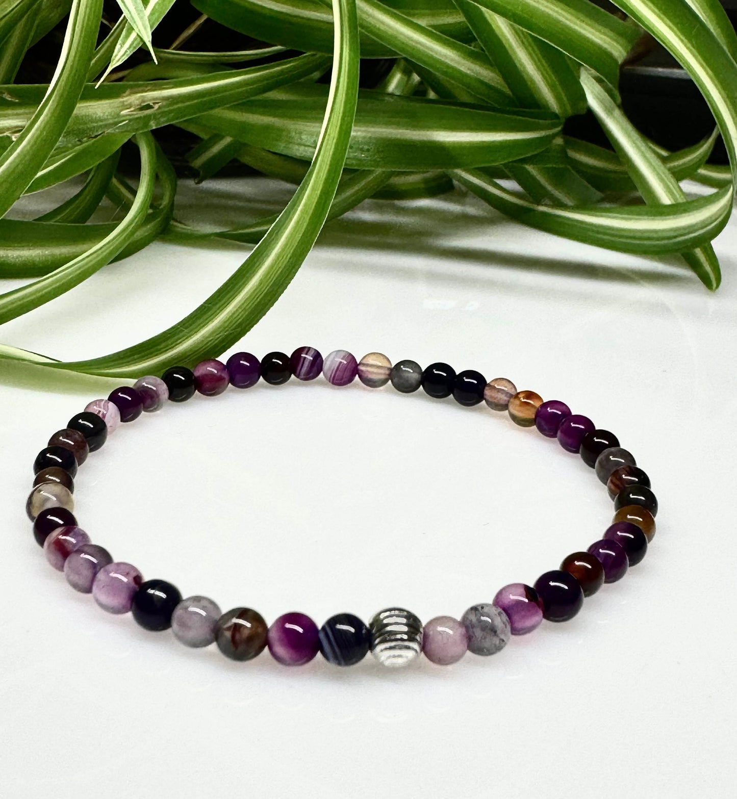 4mm Purple Agate Beaded Stretchy Bracelet with a Silver Bead. Gift for Him. Gift for her. Personalized Size.