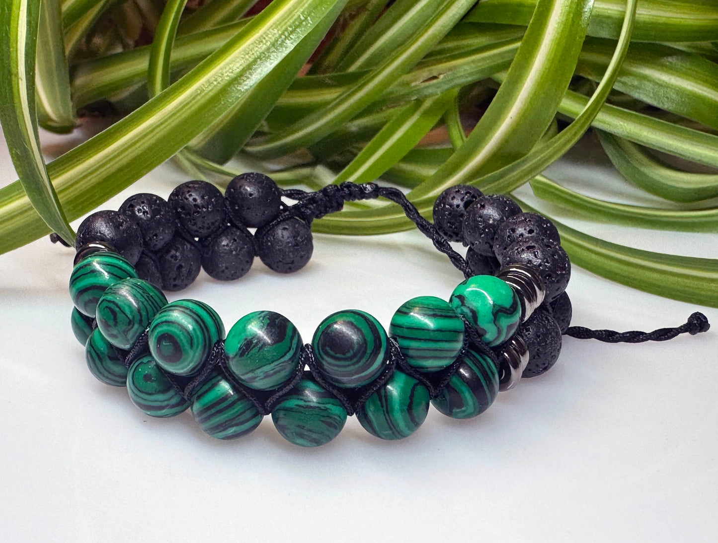 Green Malachite and Lava Rock Double Shamballa Beaded Adjustable Bracelet. Healing Gemstone Crystal Macrame Energy Gift for Him Gift For Mom