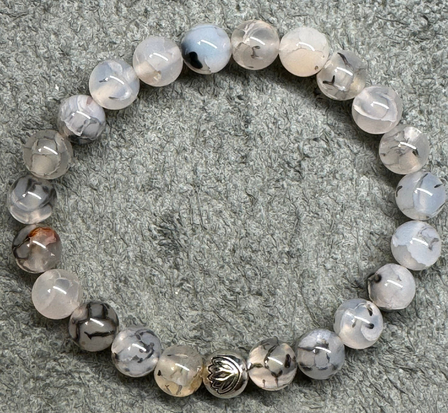 8mm Montana Moss Agate Beaded Stretch Bracelet with a Lotus Silver Bead.