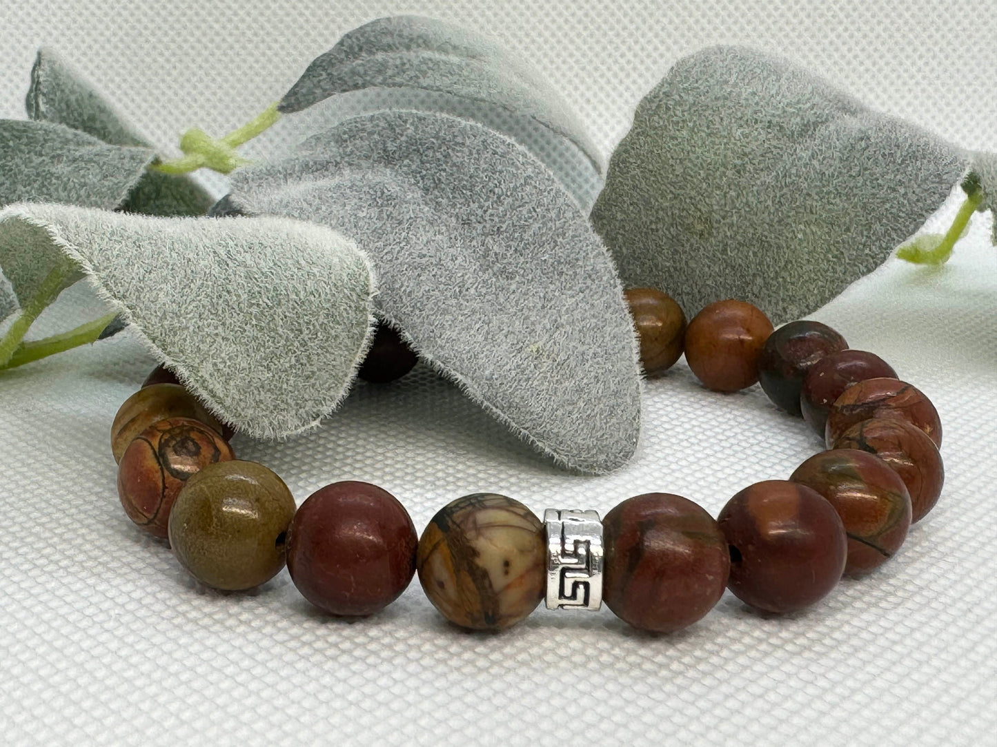 Cherry Creek Jasper Beaded Stretch Bracelet with a Silver Spacer. Stability, Creativity, Grounding.