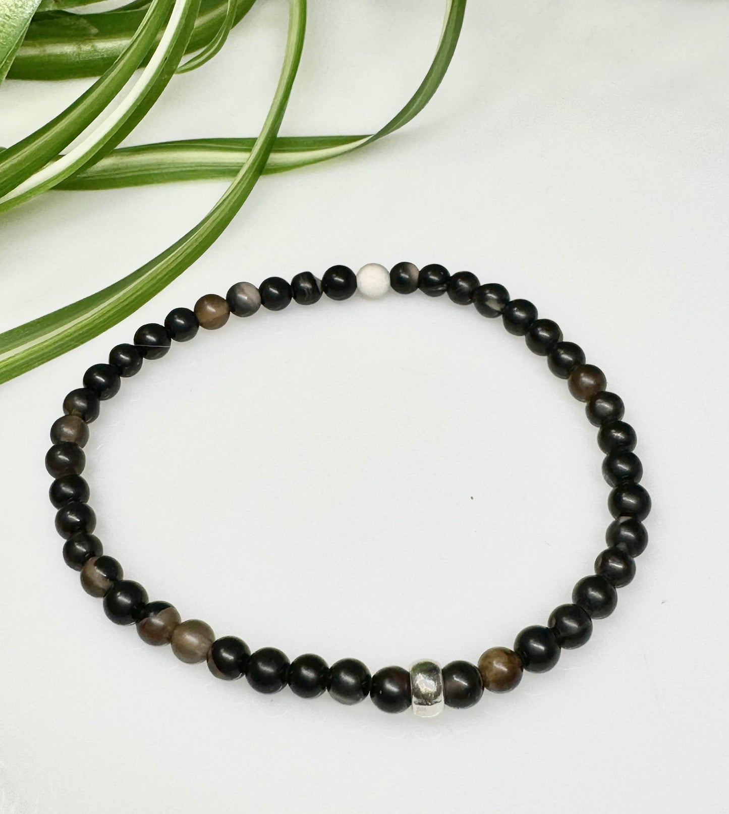 4mm Coffee Agate Beaded Stretch Bracelet with a Silver Bead. Gift for her, gift for him. Self healing gift. Personalized Size