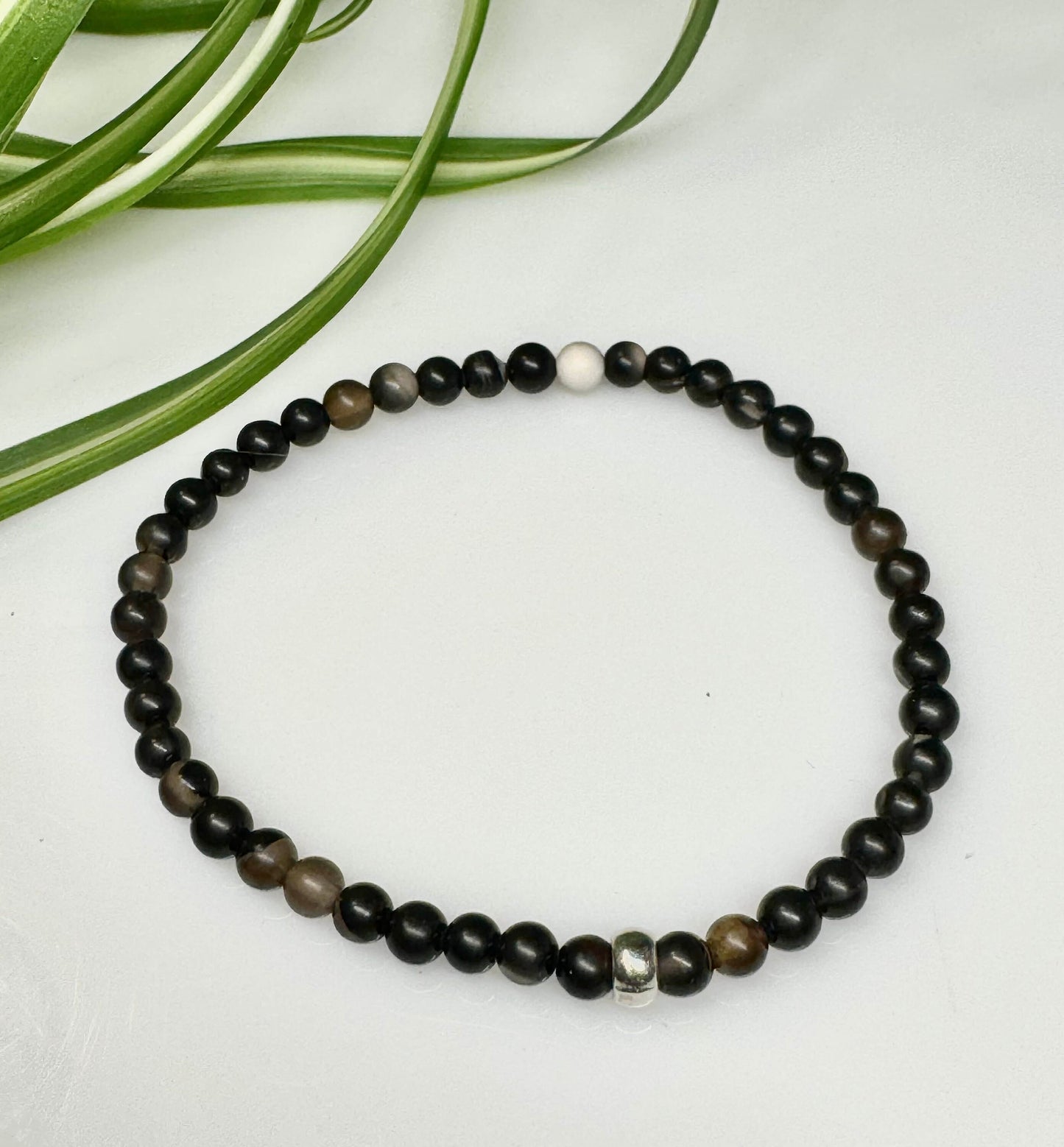 4mm Coffee Agate Beaded Stretch Bracelet with a Silver Bead. Gift for her, gift for him. Self healing gift. Personalized Size