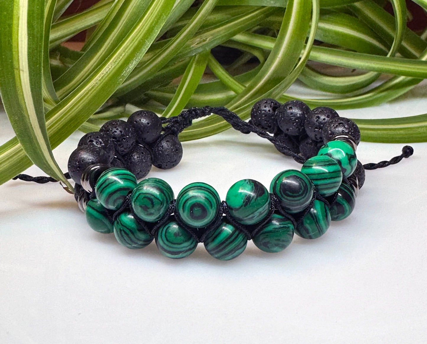 Green Malachite and Lava Rock Double Shamballa Beaded Adjustable Bracelet. Healing Gemstone Crystal Macrame Energy Gift for Him Gift For Mom