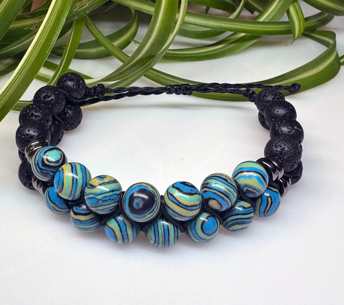 Blue Malachite and Lava Rock Double Shamballa Beaded Adjustable Bracelet. Healing Gemstone Crystal Macrame. Energy Gift for Him Gift For Mom