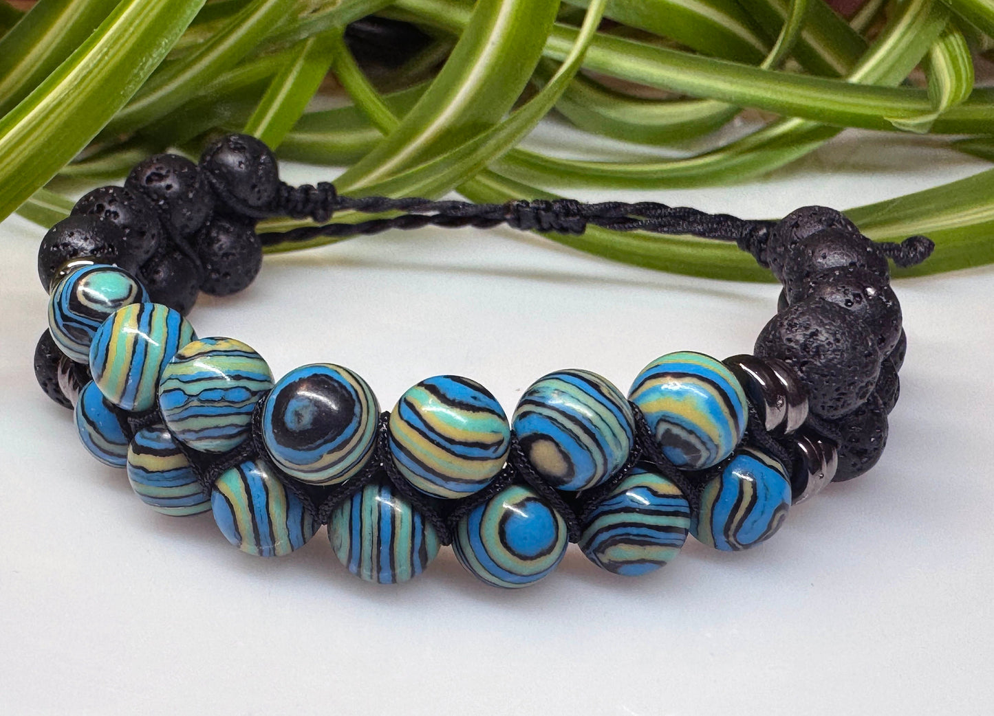 Blue Malachite and Lava Rock Double Shamballa Beaded Adjustable Bracelet. Healing Gemstone Crystal Macrame. Energy Gift for Him Gift For Mom
