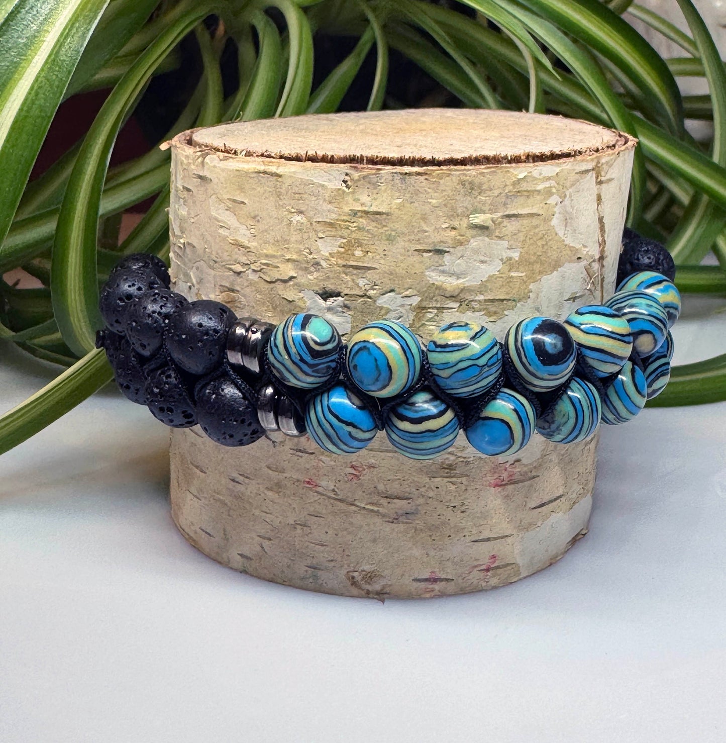 Blue Malachite and Lava Rock Double Shamballa Beaded Adjustable Bracelet. Healing Gemstone Crystal Macrame. Energy Gift for Him Gift For Mom