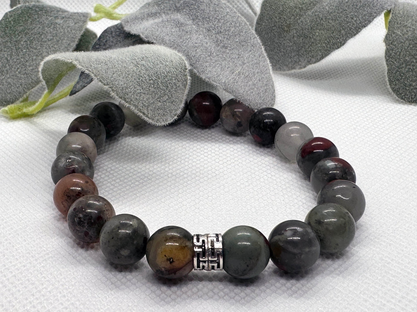 African Bloodstone Beaded Stretch Bracelet with Tibetan Style Silver Spacer. March Birthstone. Gift for him. Vitality, Courage, purification