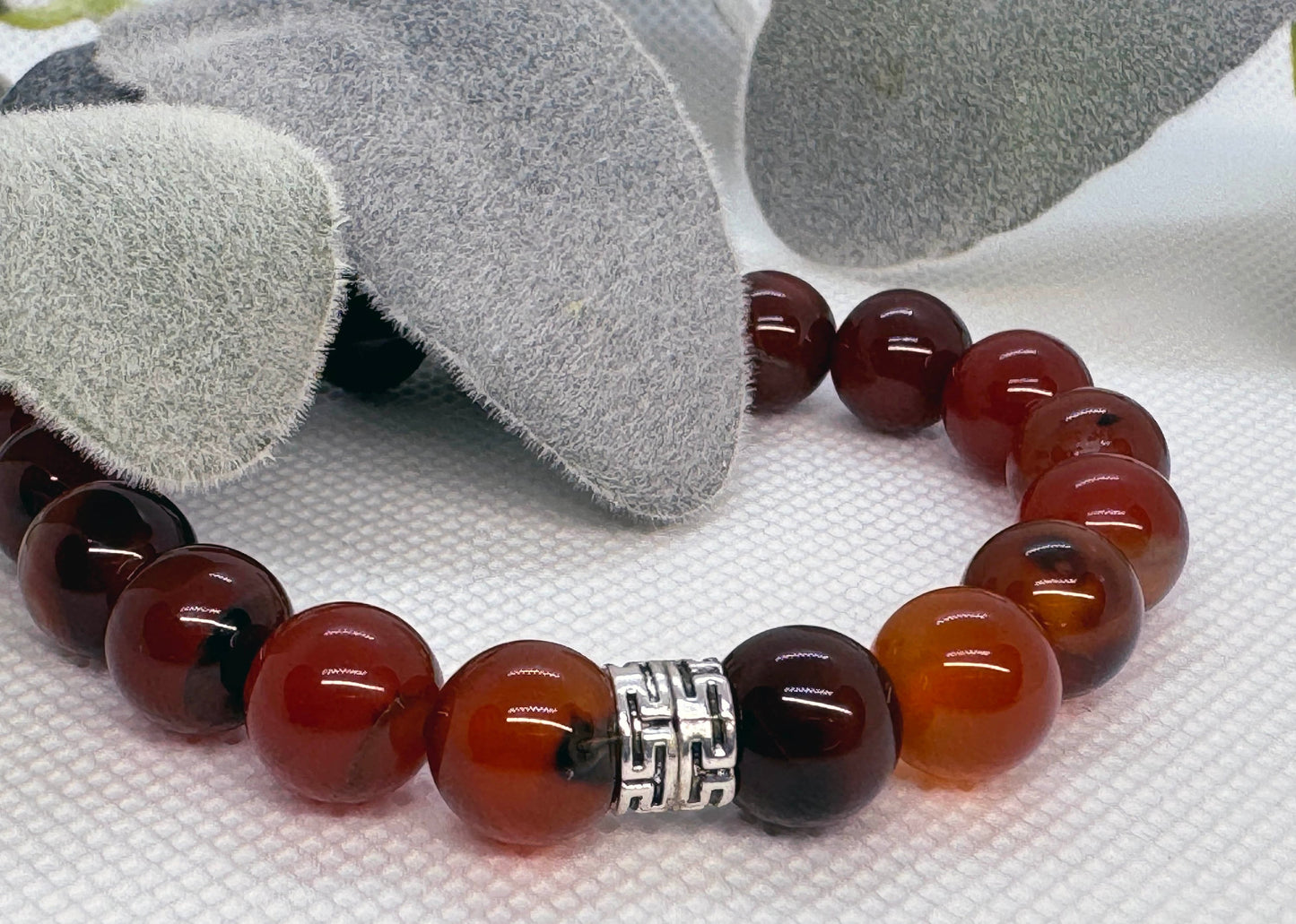 Sardonyx Carnelian Beaded Stretch Bracelet with a Silver Spacer. Vitality, Courage, Stability.